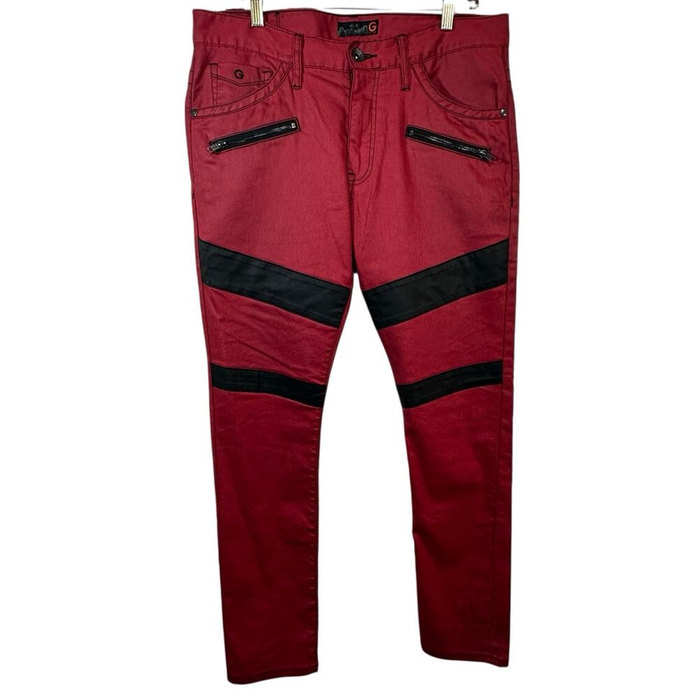 Rare Guess Red Moto Jeans With Black Racing Stripes Zip Pockets Slim Fit 34x32